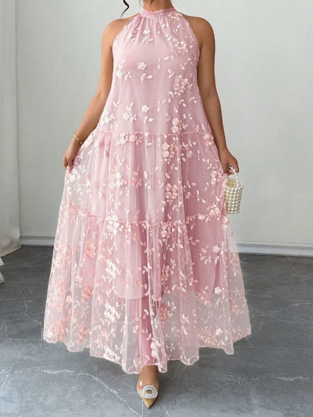 Pink Elegant Women's Plus Size Halter Dress - Picture 5 of 7